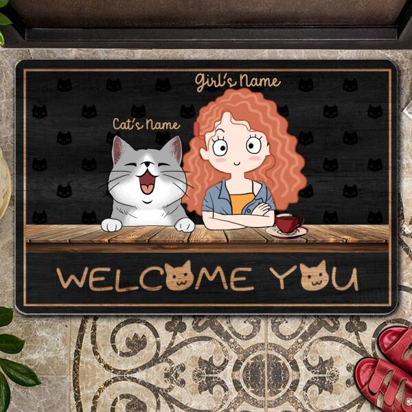 Welcome You - Laughing Cat - Personalized Cat and Girl Doormat