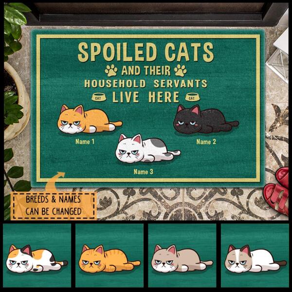 Spoiled Cats Live Here - Grumpy Cats Green Mat - Personalized Cat Doormat