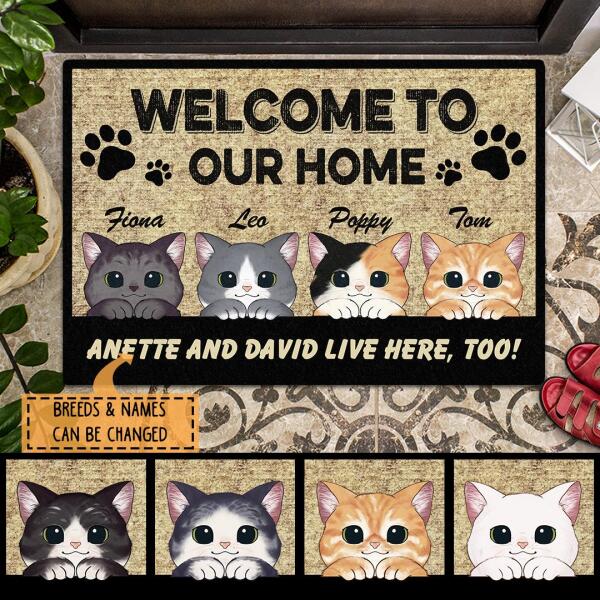 Welcome To Our Home - Cute Peeking Cats - Personalized Cat Doormat