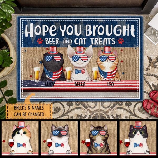 Hope You Brought Beverage And Cat Treats - USA Glasses and Bowtie - Personalized Cat Doormat