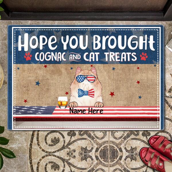 Hope You Brought Beverage And Cat Treats - USA Glasses and Bowtie - Personalized Cat Doormat