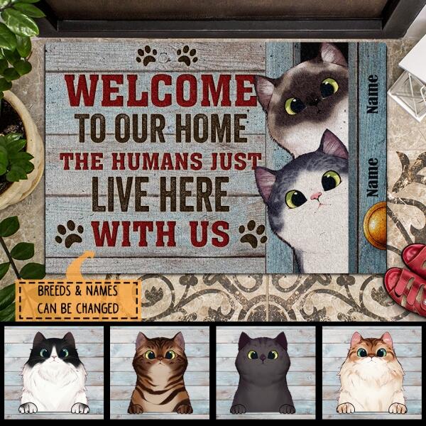 Welcome To Our Home - Peeking Cats Behind Wood Door - Personalized Cat Doormat