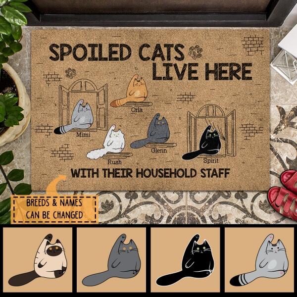 Spoiled Cats Live Here - Funny Cats At Window - Personalized Cat Doormat
