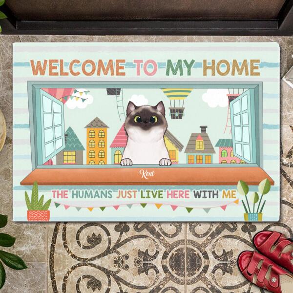 Welcome To Our Home - Hot Air Balloons Outside Window - Personalized Cat Doormat