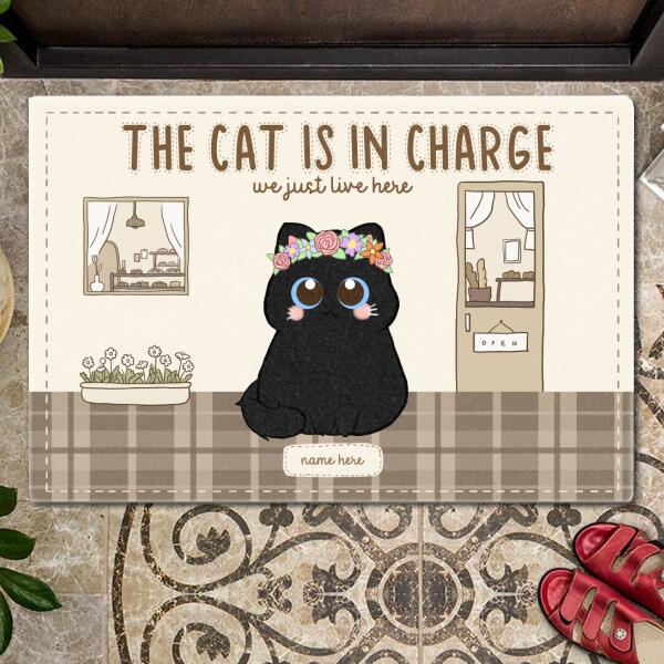 The Cat Is In Charge We Just Live Here - Cats Wear Wreath - Personalized Cat Doormat