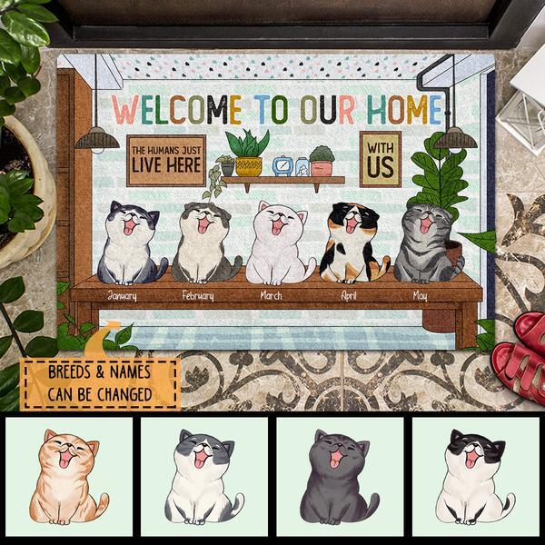 The Human Just Live Here With Us - Cats On Table - Personalized Cat Doormat