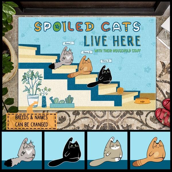 Spoiled Cats Live Here - Blue Mat - Personalized Cat Doormat
