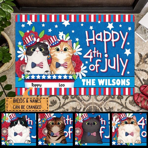 Happy 4th Of July - USA Hat and Bowtie - Personalized Cat Doormat