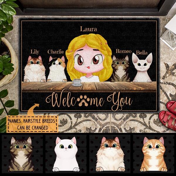 Welcome You - Peeking Cat - Personalized Cat And Girl Doormat