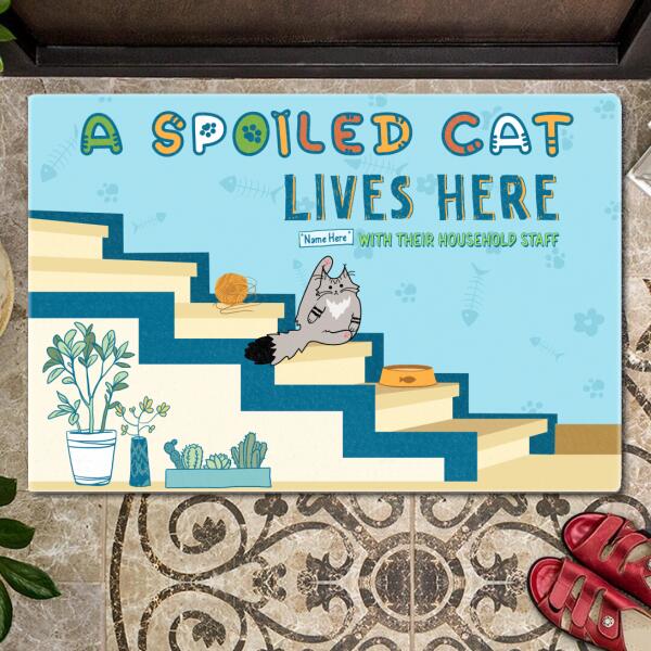 Spoiled Cats Live Here - Blue Mat - Personalized Cat Doormat