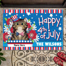 Happy 4th Of July - USA Hat and Bowtie - Personalized Cat Doormat