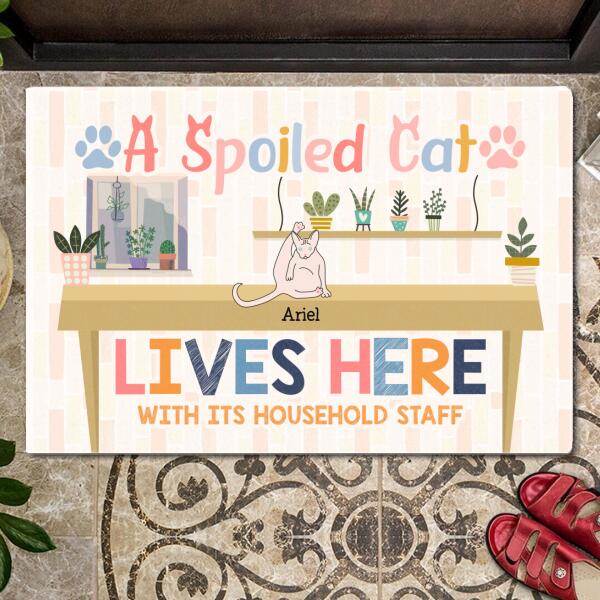 Spoiled Cats Live Here - Cats On Table - Personalized Cat Doormat