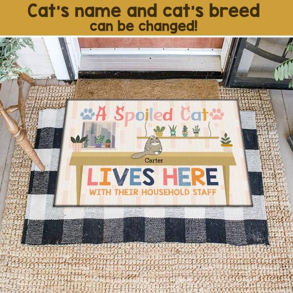 Spoiled Cats Live Here - Cats On Table - Personalized Cat Doormat