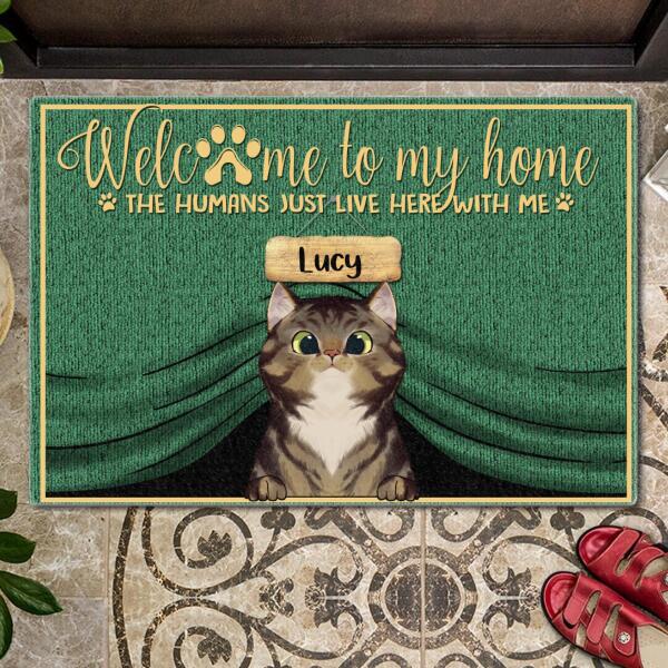 Welcome To Our Home - Green Curtain - Personalized Cat Doormat