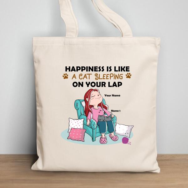 Happiness Is Like A Cat Sleeping On Your Lap - Personalized Cat Tote Bag