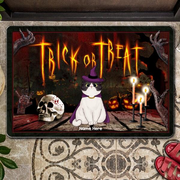 Trick Or Treat - Pumpkin Carving, Witch & Dracula Cloak, Devil Wings - Personalized Cat Halloween Doormat