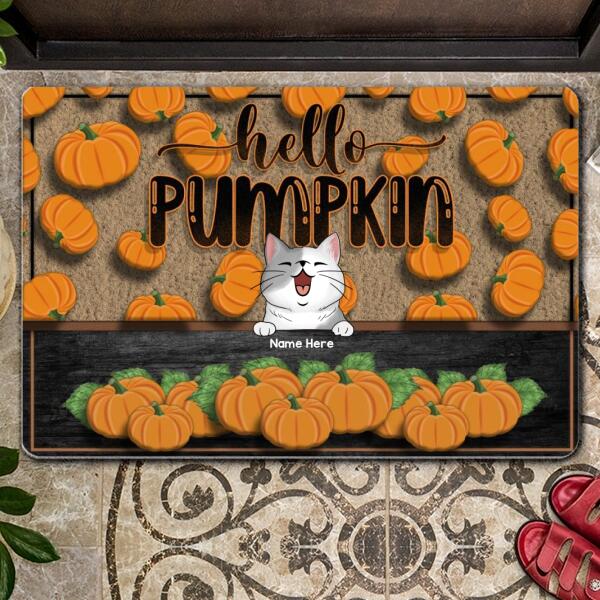 Hello Pumpkin - Pumpkin Background - Personalized Cat Autumn Doormat