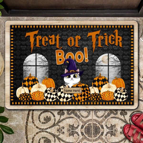 Treat Or Trick - Boo! - Witch Cats On Pattern Pumpkins - Personalized Cat Halloween Door Sign