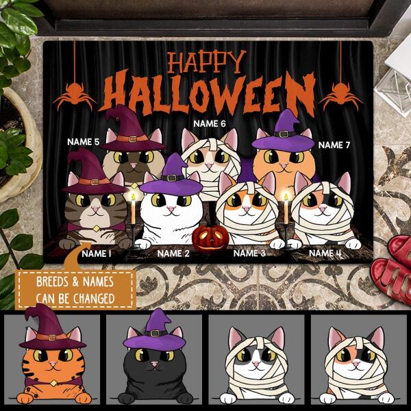 Happy Halloween - Purple Smoking Pumpkins - Personalized Cat Halloween Doormat