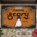 Eat Drink And Be Scary - Black And Gray Striples - Personalized Cat Halloween Doormat