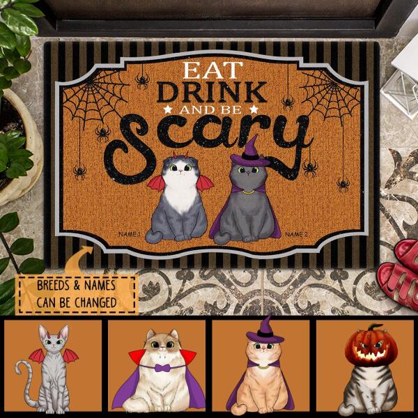 Eat Drink And Be Scary - Black And Gray Striples - Personalized Cat Halloween Doormat