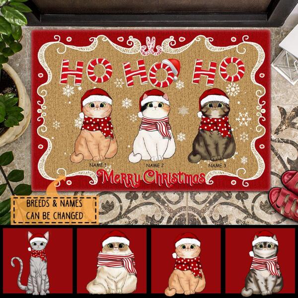 Ho Ho Ho - Merry Christmas - Santa's Hat And Scarf - Personalized Cat Christmas Doormat
