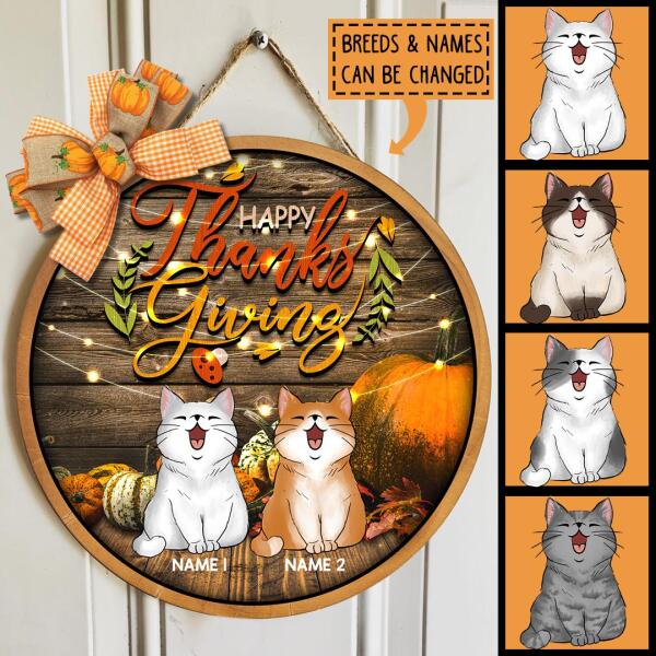 Happy Thanksgiving - Pumpkins Front Wood Wall - Personalized Cat Autumn Door Sign