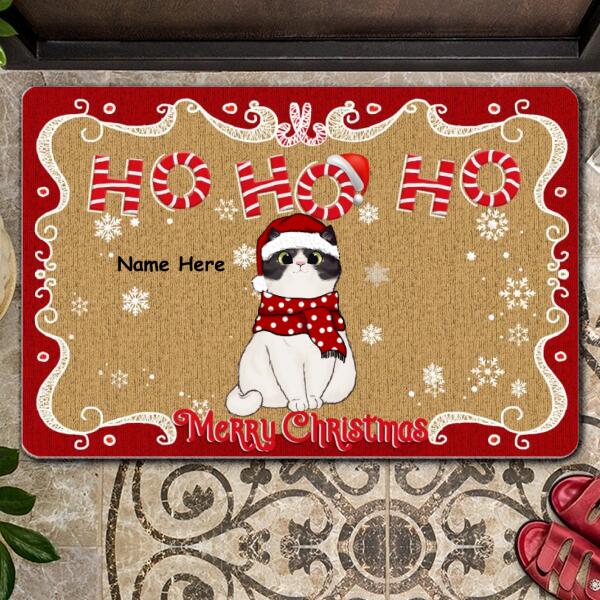 Ho Ho Ho - Merry Christmas - Santa's Hat And Scarf - Personalized Cat Christmas Doormat