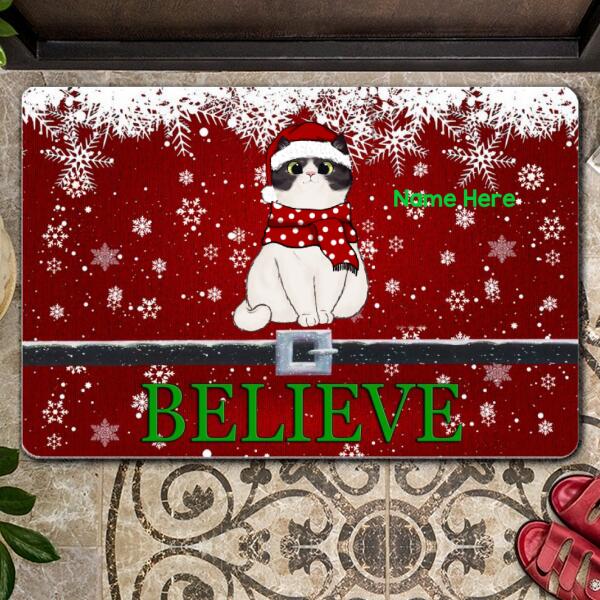 Believe - Red Background - Personalized Cat Christmas Doormat