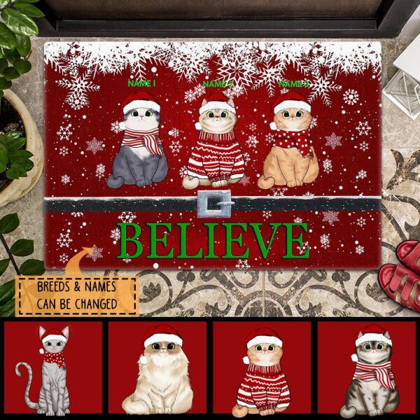 Believe - Red Background - Personalized Cat Christmas Doormat