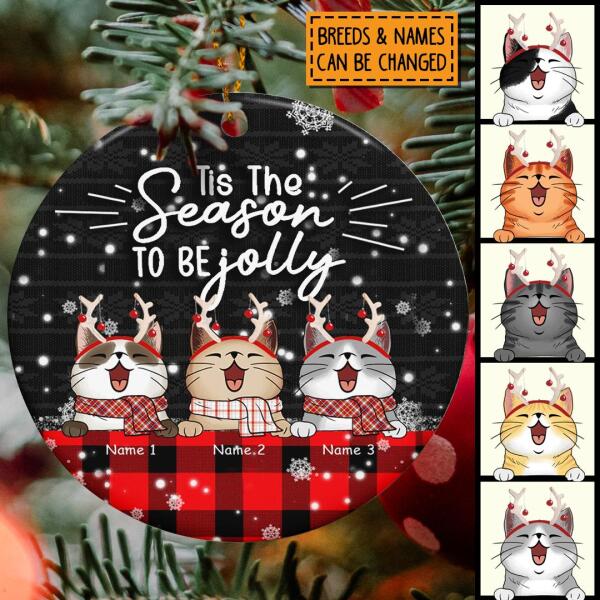 Tis The Season To Be Jolly - Red Plaid Tablecloth - Personalized Cat Christmas Ornament
