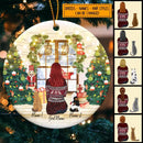 Snow Outside Window - Backside of Cats And Girl - Personalized Cat Christmas Ornament