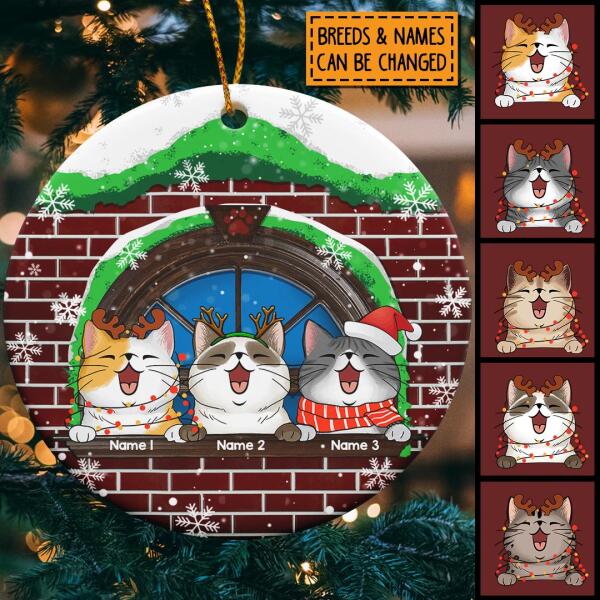 Cat Peeking From Behind Brick Wall - Personalized Cat Christmas Ornament