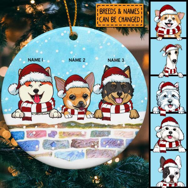 Dogs Peeking Over Colorful Brick Wall - Personalized Dog Christmas Ornament