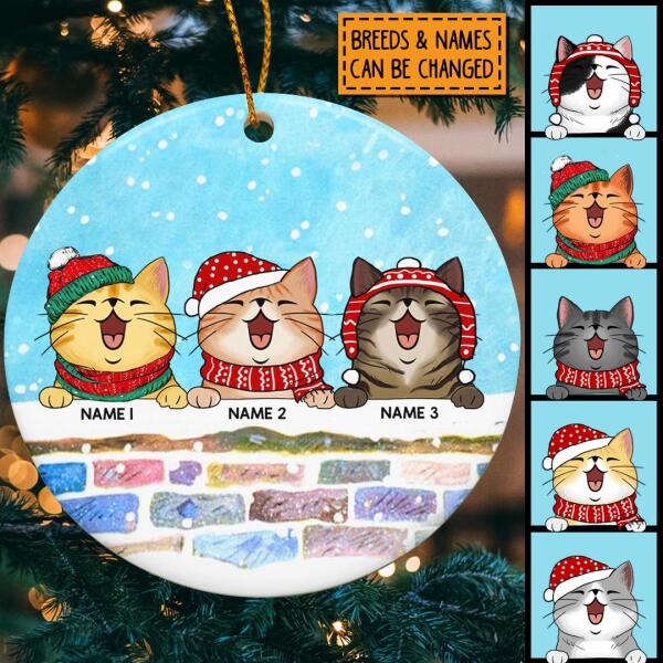 Cats Peeking Over Colorful Brick Wall - Personalized Cat Christmas Ornament