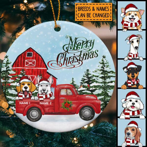 Merry Christmas - Dogs On Red Truck - Personalized Dog Christmas Ornament
