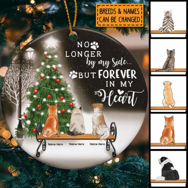 No Longer By Side But Forever In My Heart Circle Ceramic Ornament - Personalized Cat & Dog Decorative Christmas Ornament