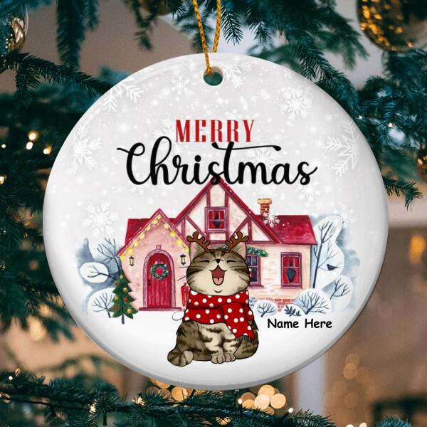 Merry Christmas - Cats Standing On Snow Front Winter House - Personalized Cat Christmas Ornament