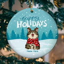 Happy Holiday - Bluetone Snow - Personalized Cat Christmas Ornament