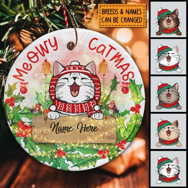 Personalised Meowy Catmas Red Berries Circle Ceramic Ornament - Personalized Cat Lovers Decorative Christmas Ornament