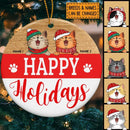 Personalised Happy Holiday Red White Circle Ceramic Ornament - Personalized Cat Lovers Decorative Christmas Ornament