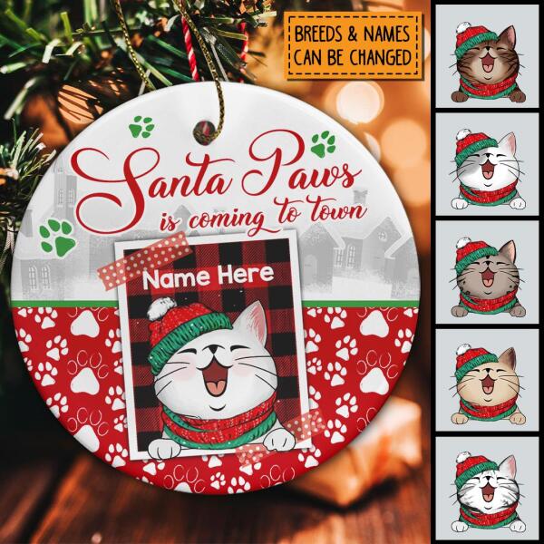 Personalised Santa Paws's Coming To Town Circle Ceramic Ornament - Personalized Cat Lovers Decorative Christmas Ornament