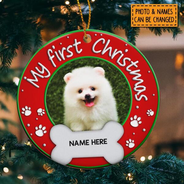 Personalised Merry First Christmas Circle Ceramic Ornament - Personalized Cat & Dog Lovers Decorative Christmas Ornament