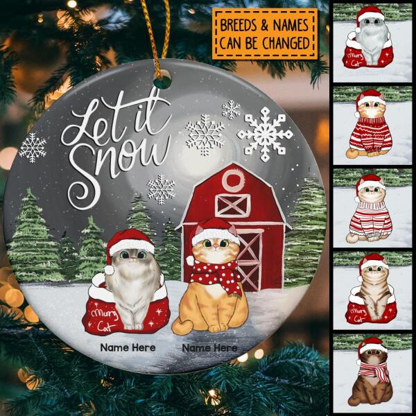 Personalised Let It Snow Red Barn Circle Ceramic Ornament - Personalized Cat Lovers Decorative Christmas Ornament