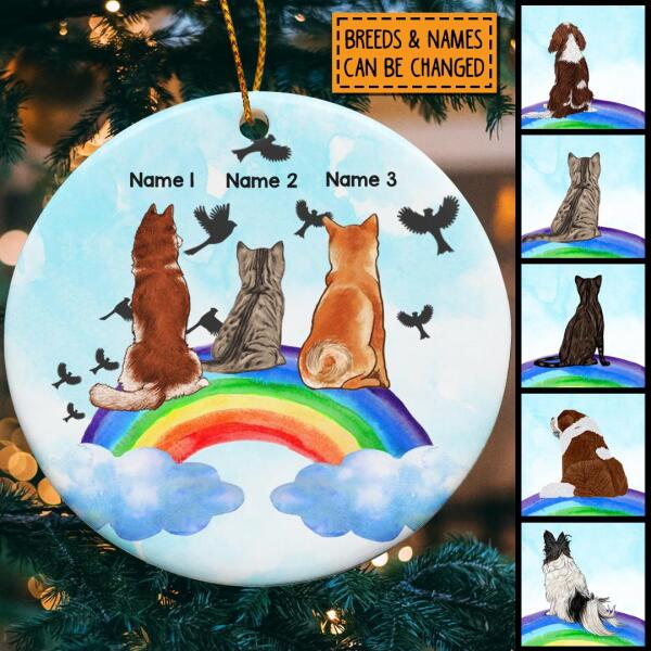 Personalised Dogs With Rainbow Blue Sky Circle Ceramic Ornament - Personalized Dog Lovers Decorative Christmas Ornament