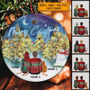 Personalised Merry Xmas Family & Cat Circle Ceramic Ornament - Personalized Cat Lovers Decorative Christmas Ornament