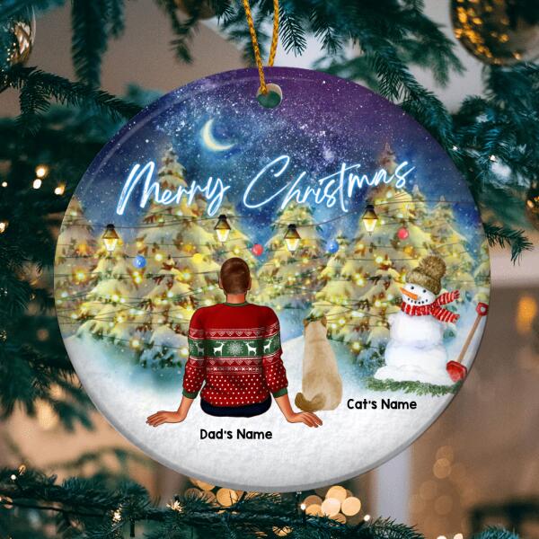 Personalised Merry Xmas Family & Cat Circle Ceramic Ornament - Personalized Cat Lovers Decorative Christmas Ornament