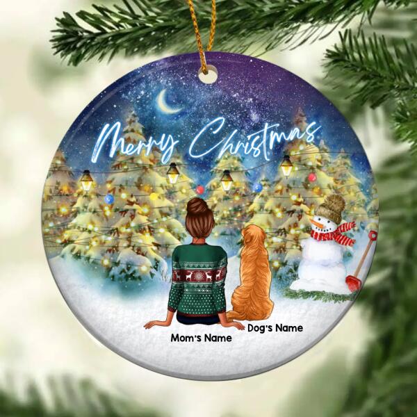 Personalised Merry Xmas Family & Dog Circle Ceramic Ornament - Personalized Dog Lovers Decorative Christmas Ornament