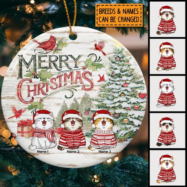 Merry Christmas Cardinals Bright Wooden Circle Ceramic Ornament - Personalized Cat Lovers Decorative Christmas Ornament