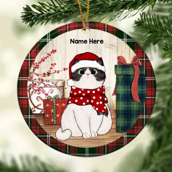 Personalised Cute Cat Red Plaid Around Circle Ceramic Ornament - Personalized Cat Lovers Decorative Christmas Ornament